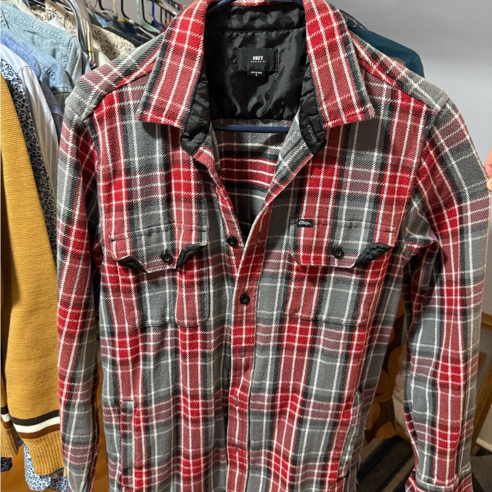 Obey Men's Red and Gray Checkered Shirt Jacket